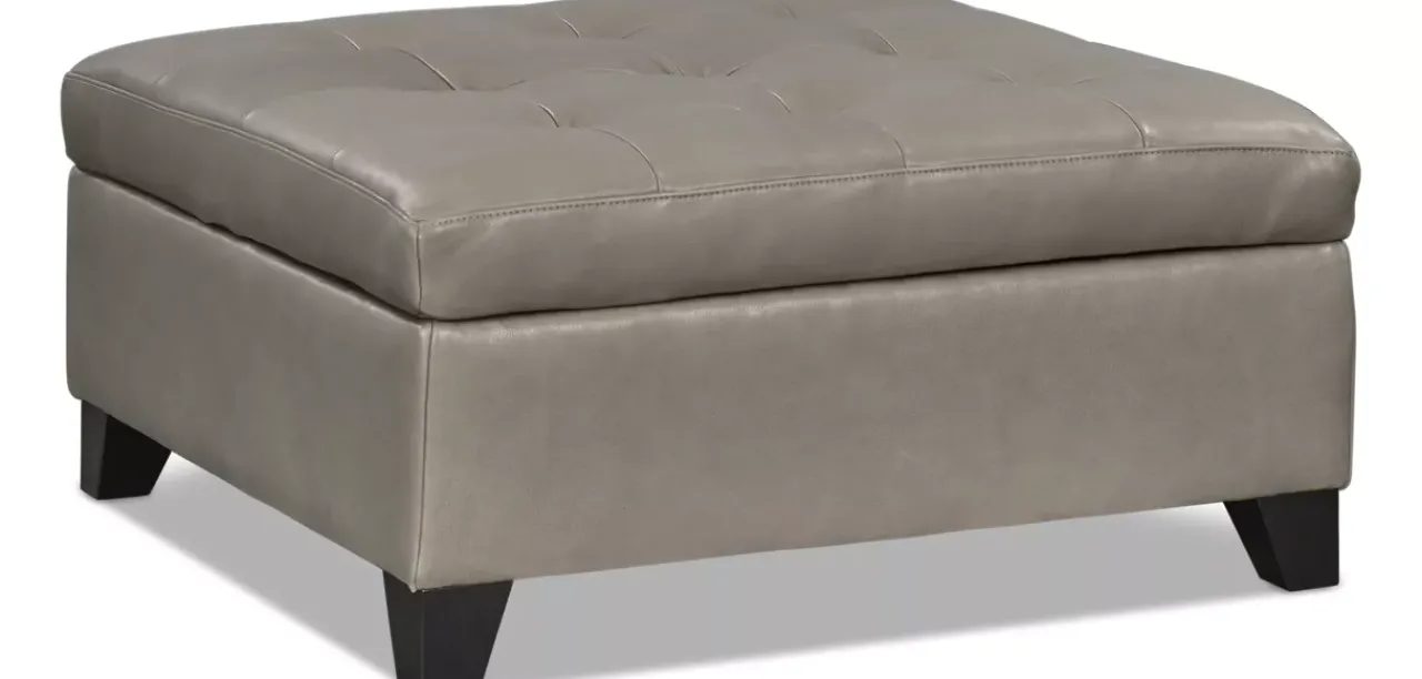Havertys Harmony Leather Storage Ottoman Brighton Pewter