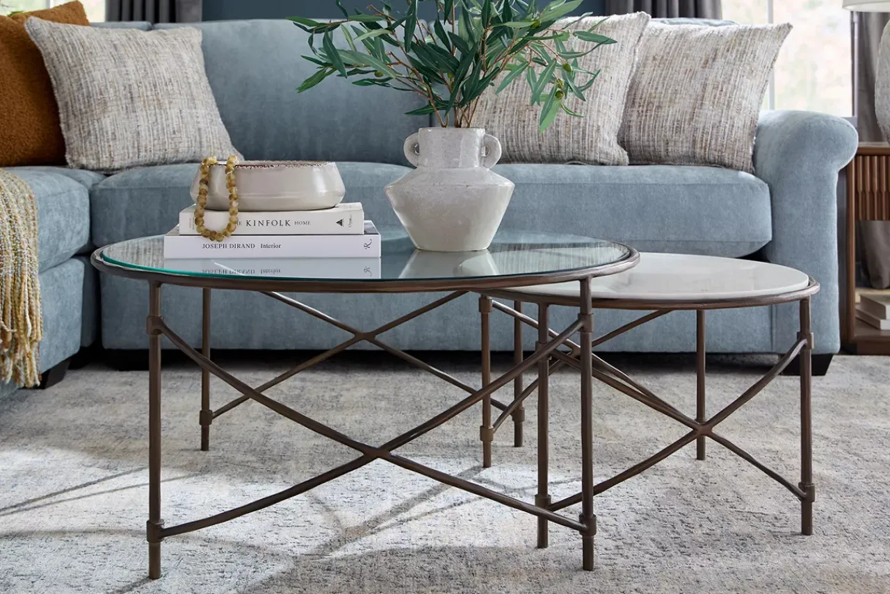 Havertys Noah Nesting Coffee Table Marble Clear and Brass New